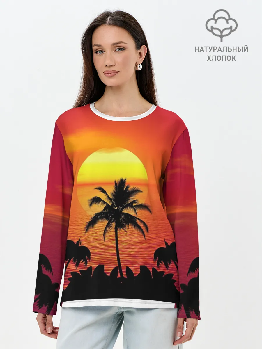 Лонгслив женский. Хлопок / Пальмы на фоне моря