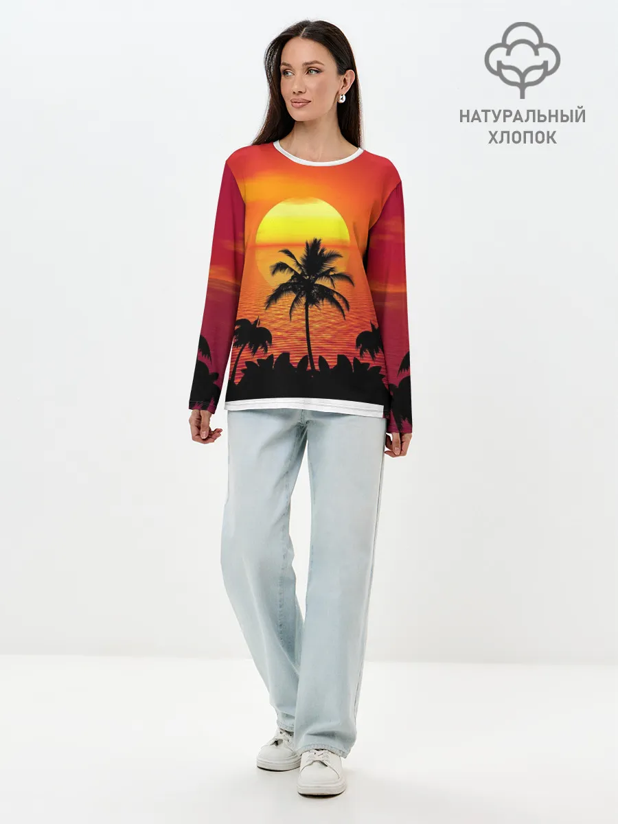 Лонгслив женский. Хлопок / Пальмы на фоне моря