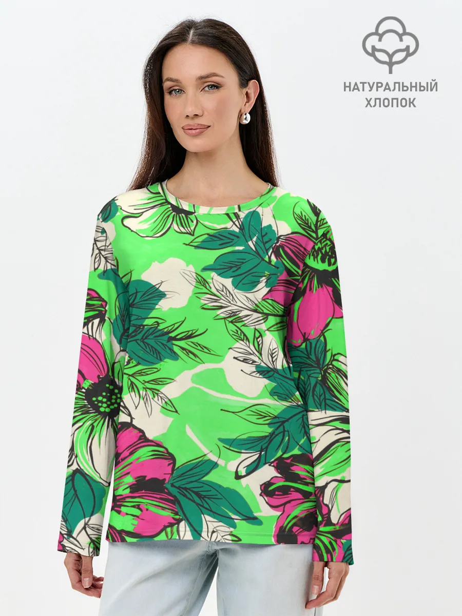 Лонгслив женский. Хлопок / Цветы в неоне