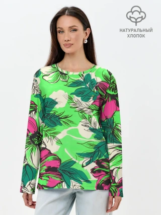 Лонгслив женский. Хлопок / Цветы в неоне