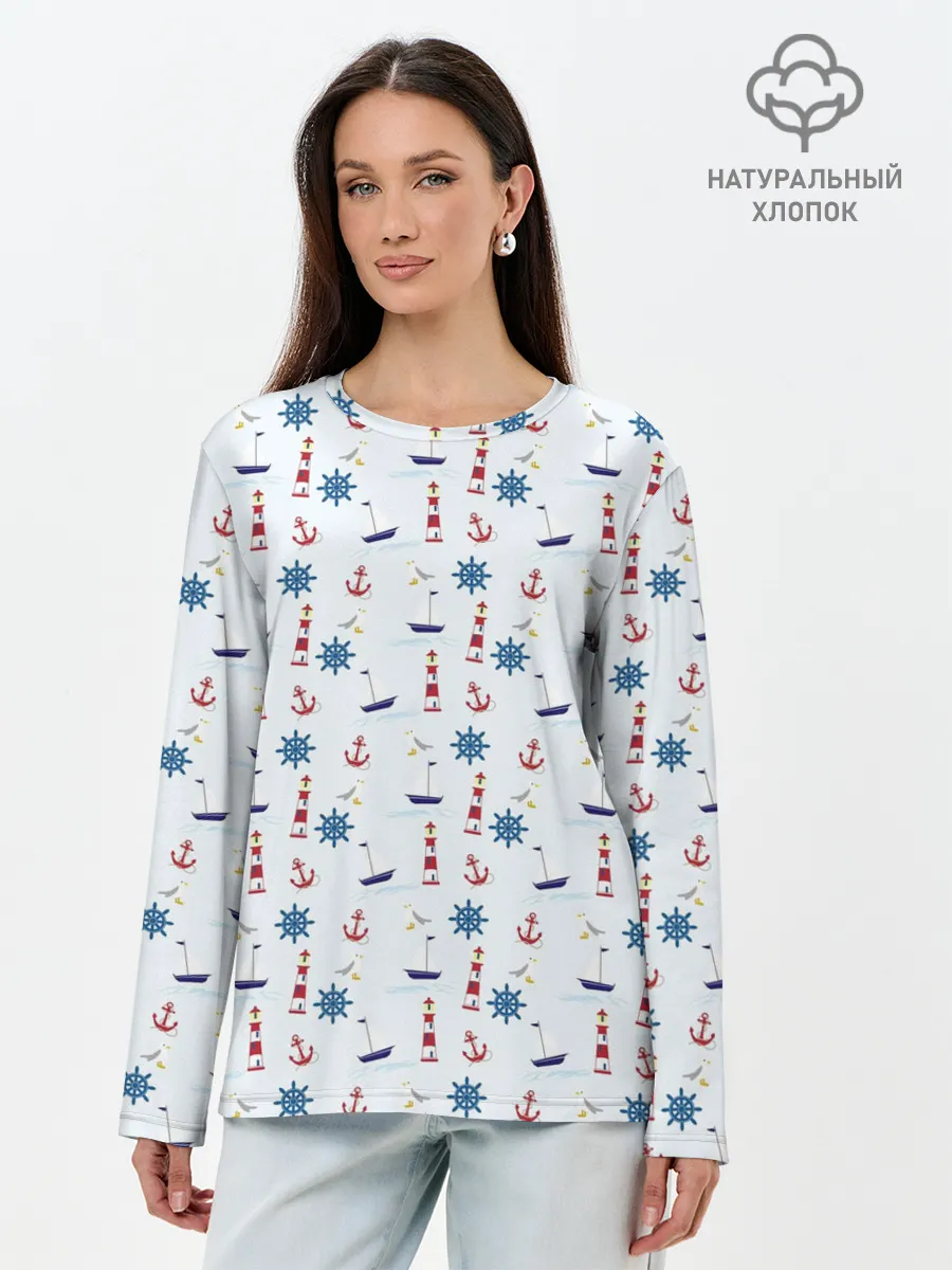 Лонгслив женский. Хлопок / Кораблики да маяки