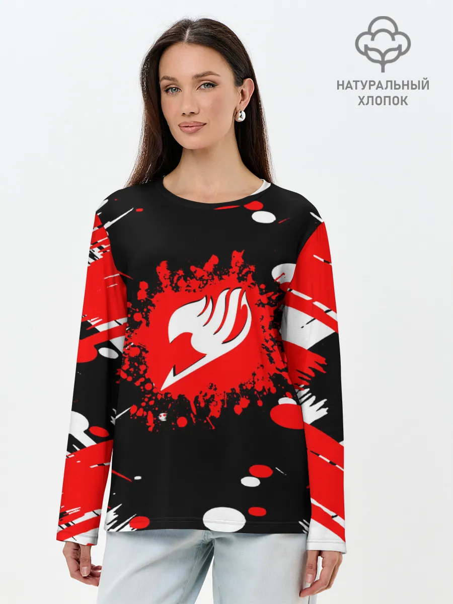 Лонгслив женский. Хлопок / Хвост Феи красно-черная геометрия