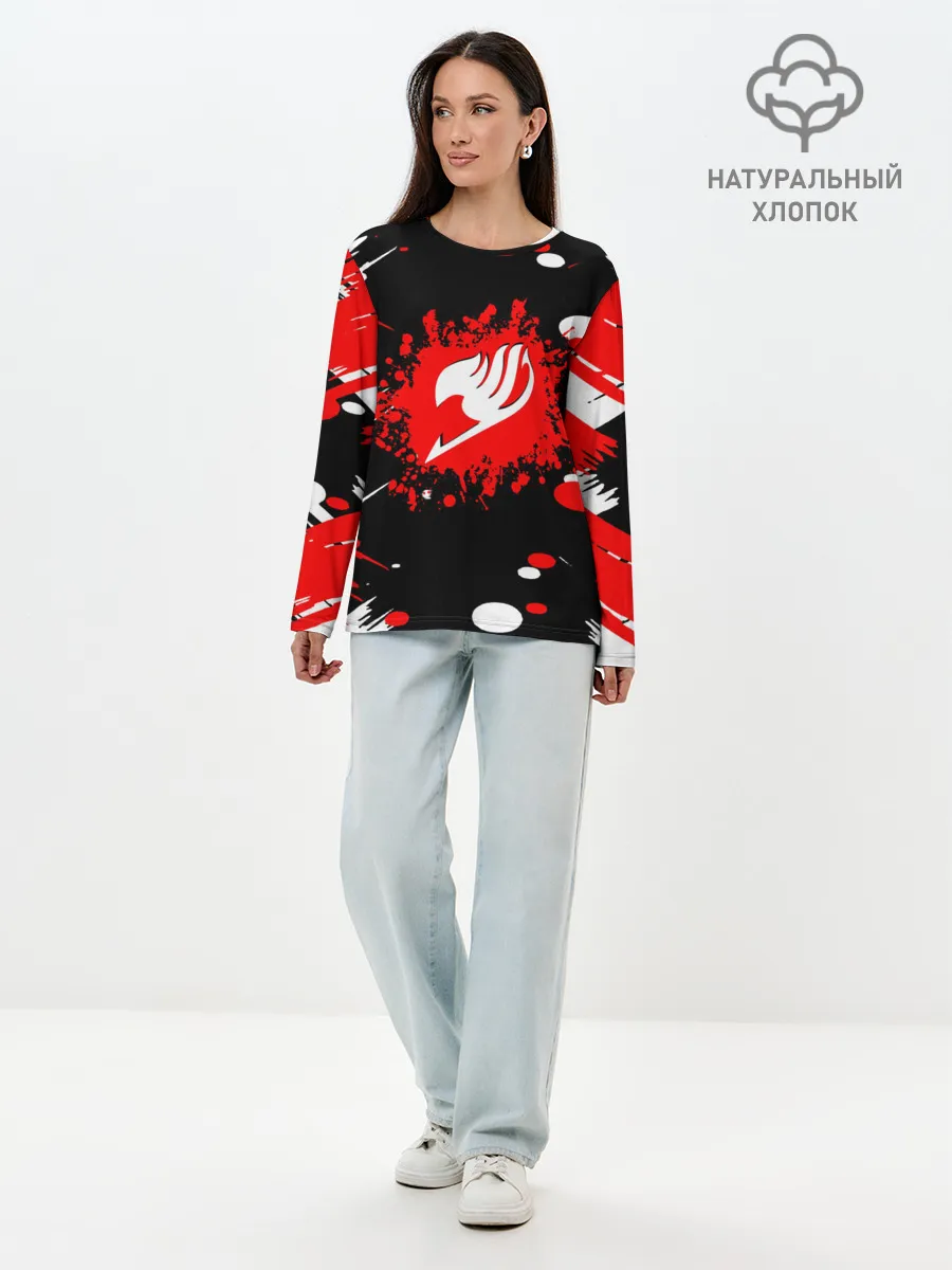 Лонгслив женский. Хлопок / Хвост Феи красно-черная геометрия