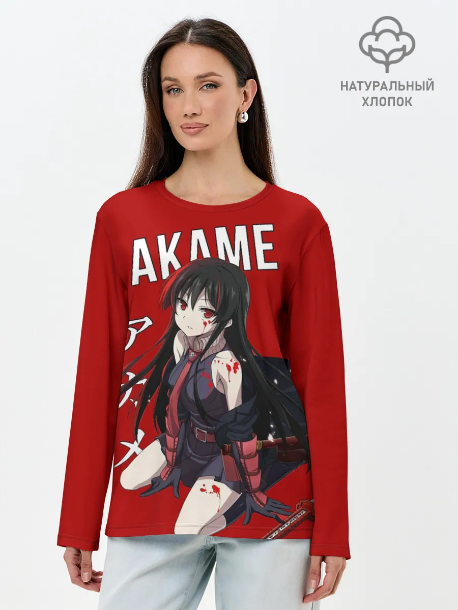 Лонгслив женский. Хлопок / Убийца Акаме на красном фоне