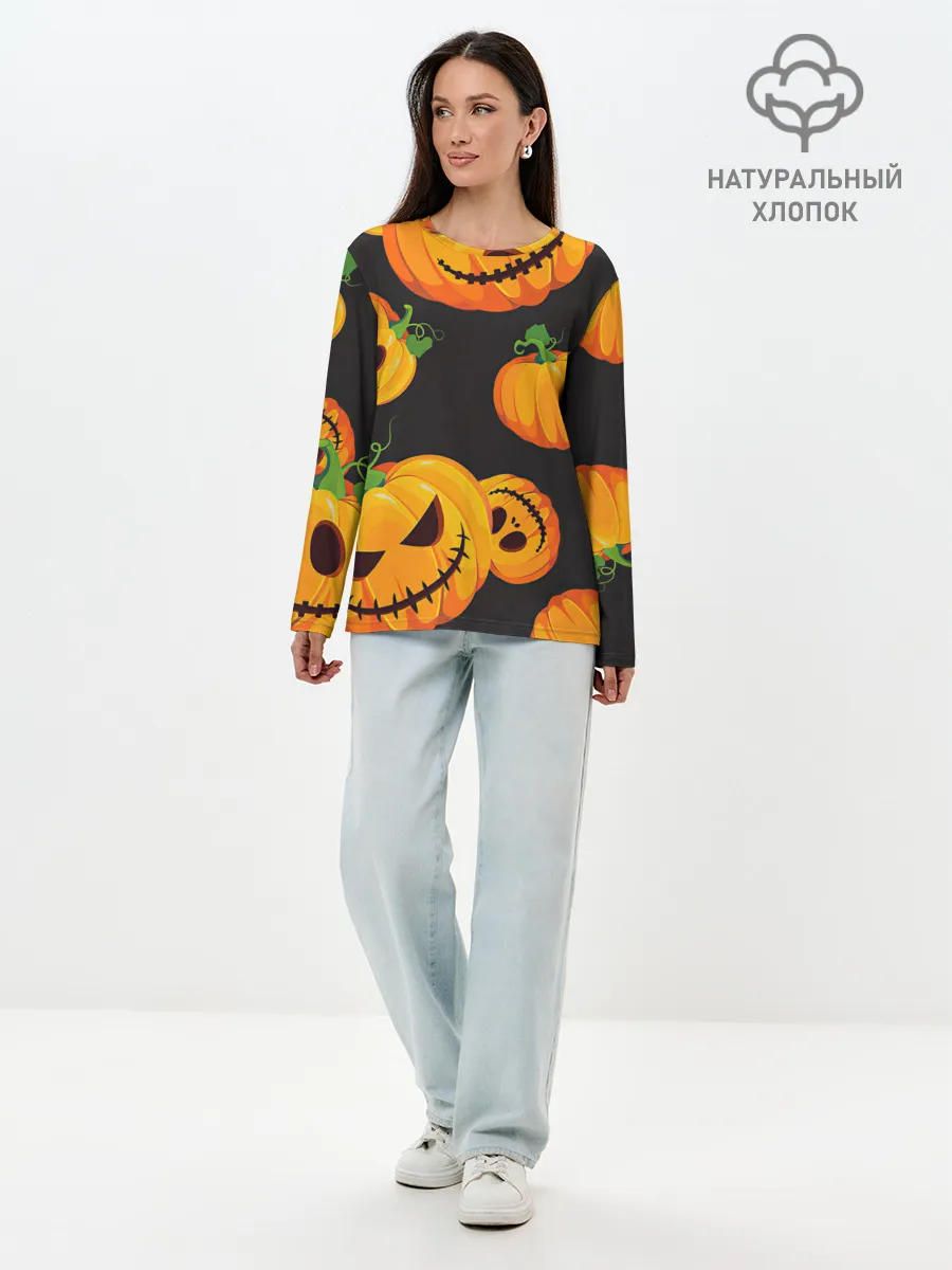 Лонгслив женский. Хлопок / Весёлые тыквы