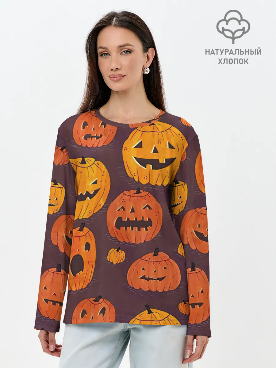 Лонгслив женский. Хлопок / Весёлые тыквы