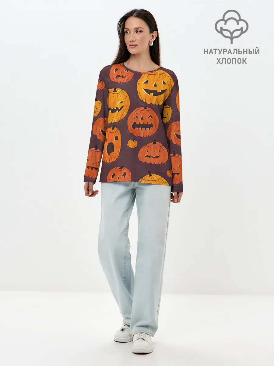 Лонгслив женский. Хлопок / Весёлые тыквы