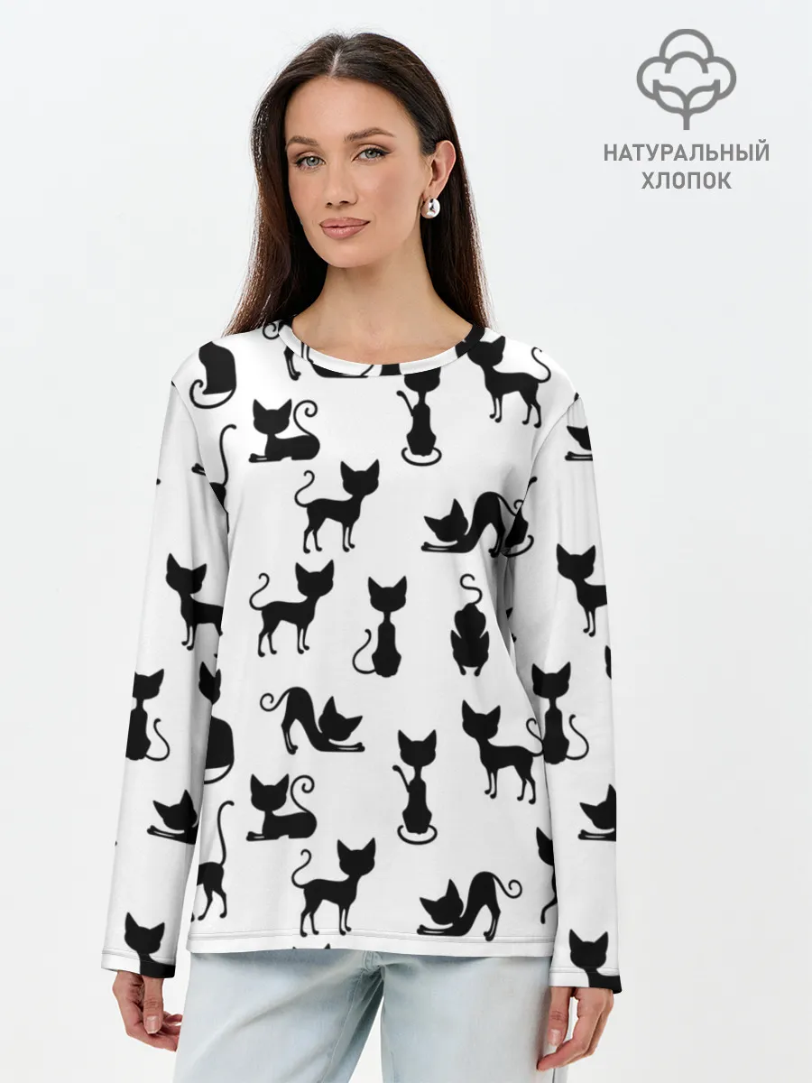 Лонгслив женский. Хлопок / КОШКИ БЕЛОЕ НА ЧЕРНОМ