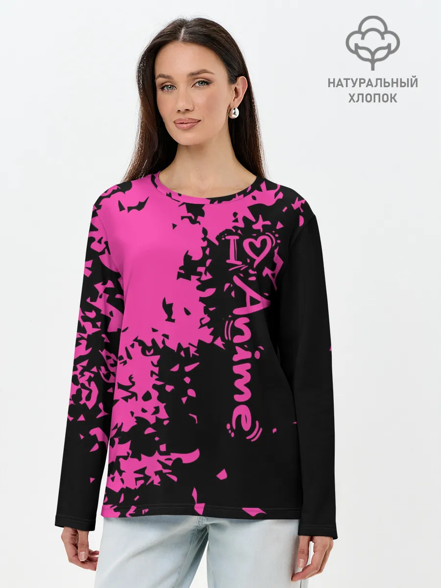 Лонгслив женский. Хлопок / Love anime розовые кляксы на черном