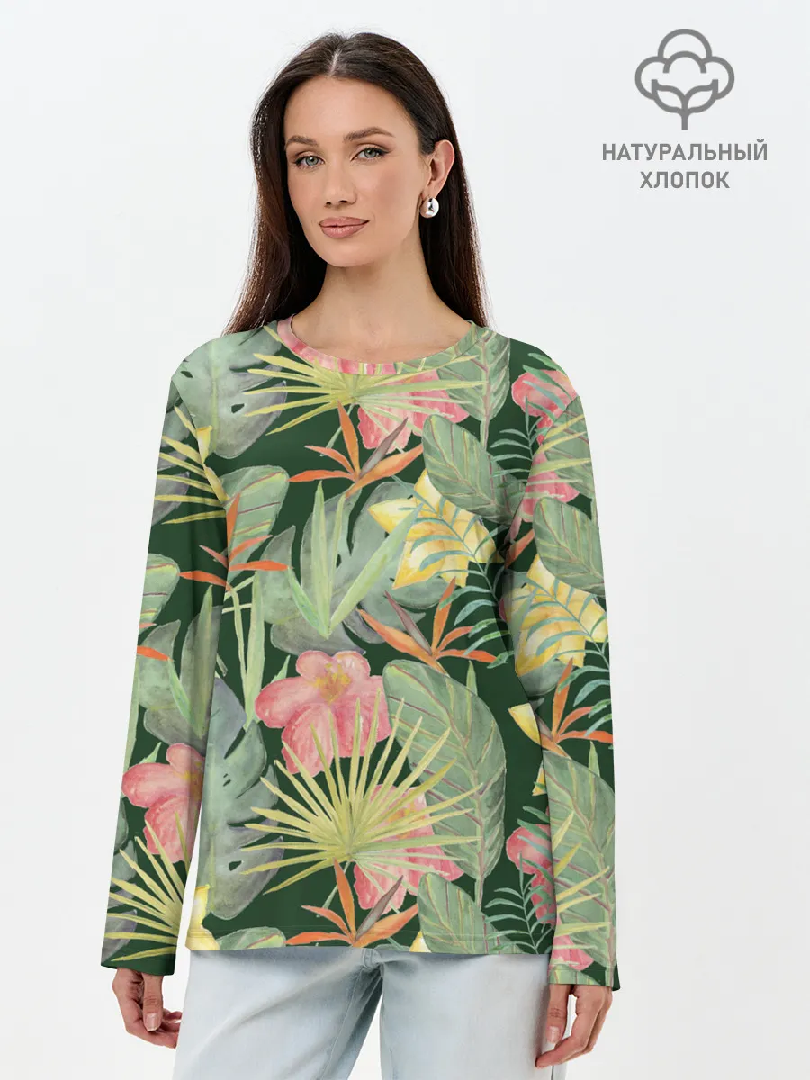 Лонгслив женский. Хлопок / Тропические растения и цветы