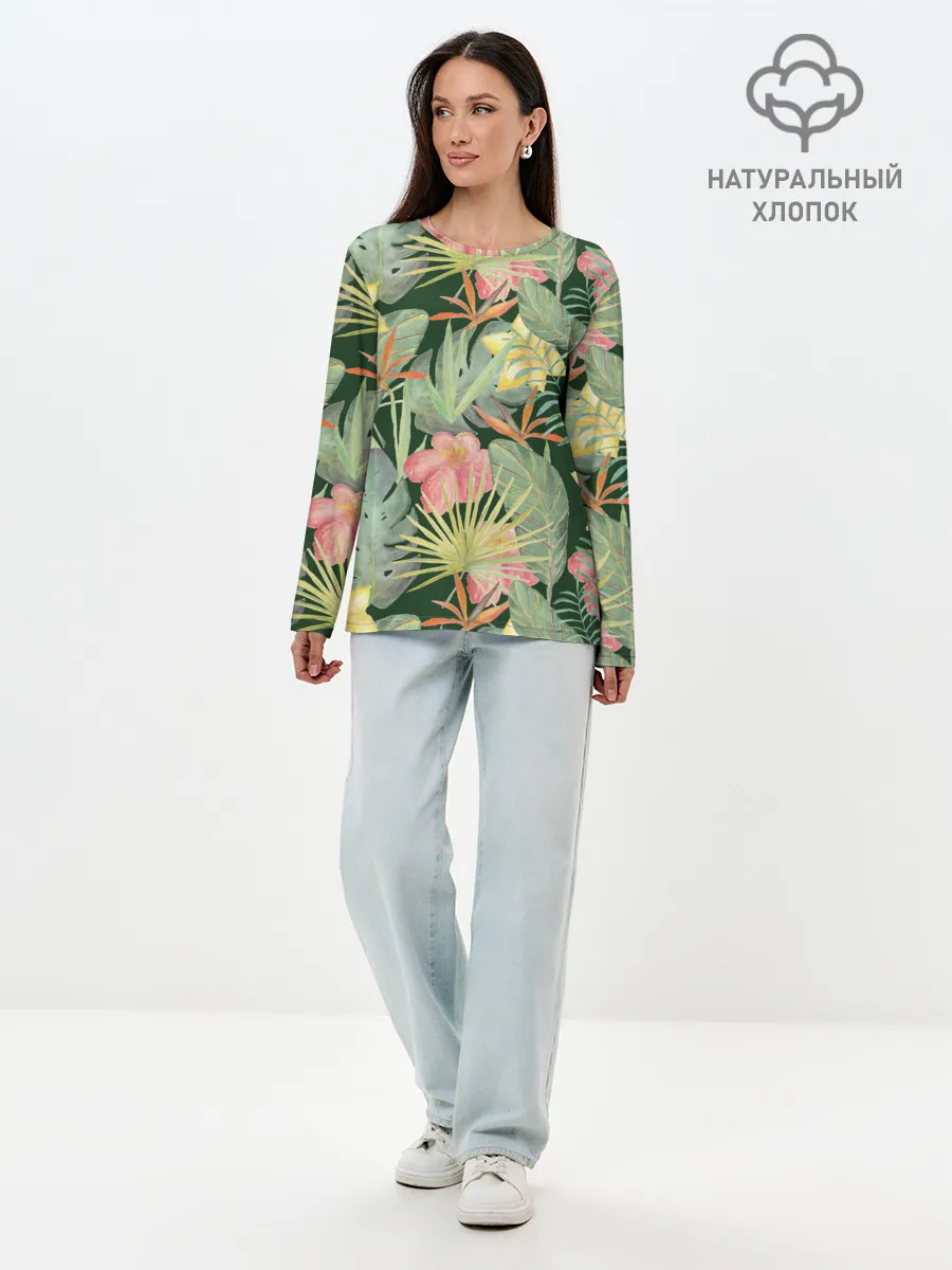 Лонгслив женский. Хлопок / Тропические растения и цветы