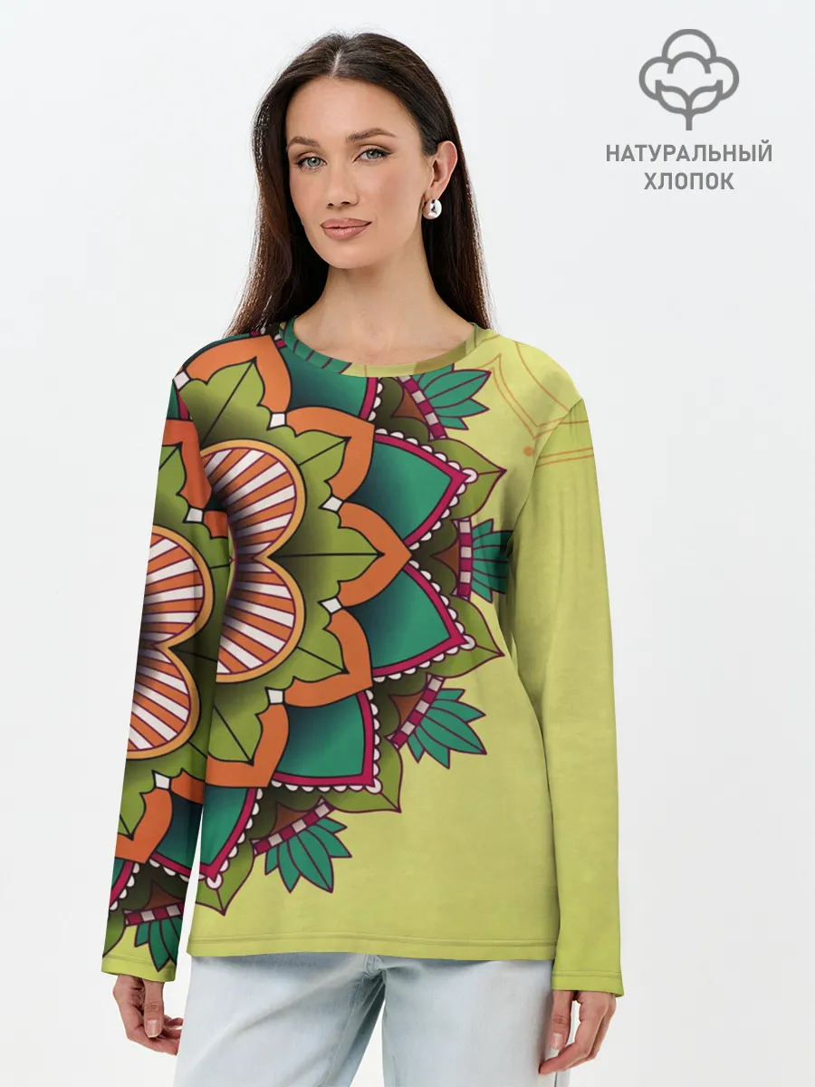 Лонгслив женский. Хлопок / мандала узор тату