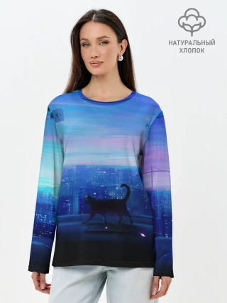 Лонгслив женский. Хлопок / Кошка арт окно