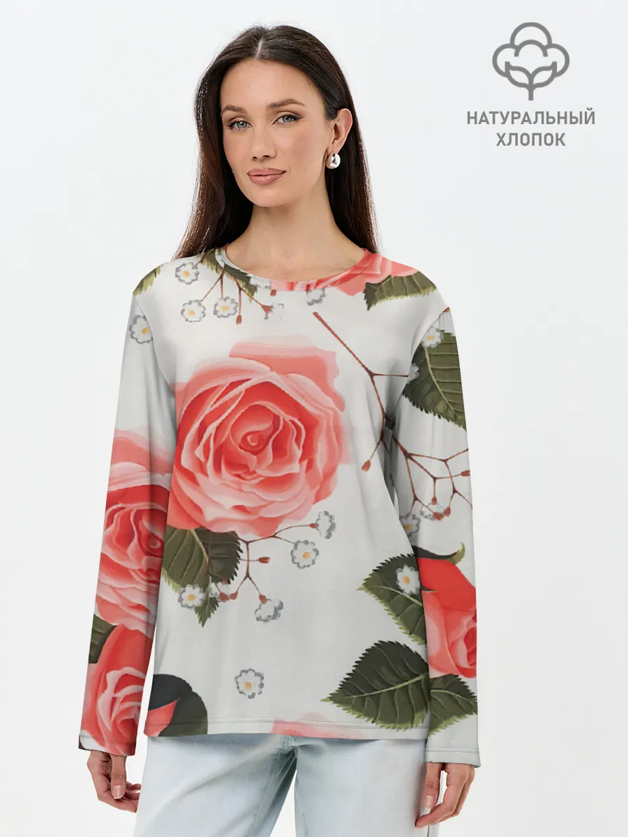 Лонгслив женский. Хлопок / Нежные розы