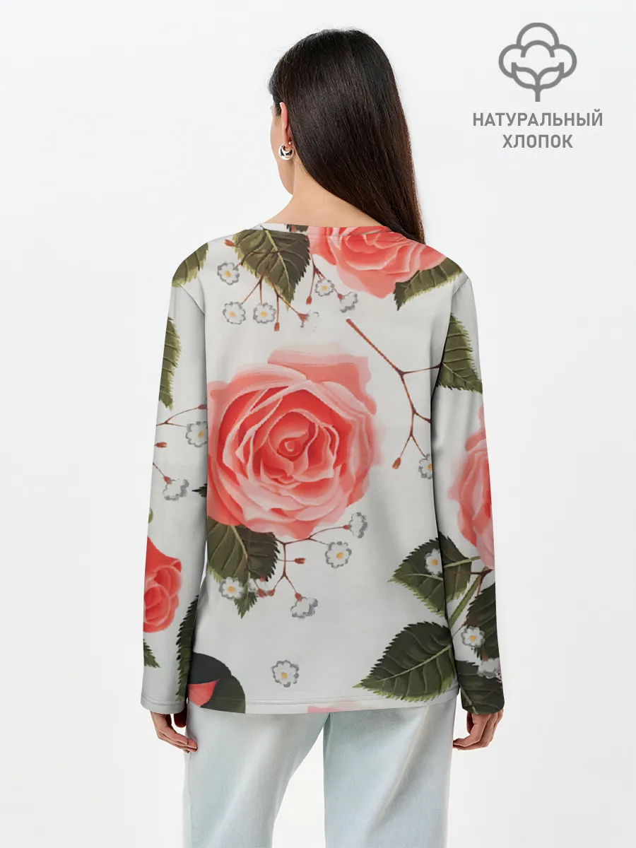 Лонгслив женский. Хлопок / Нежные розы