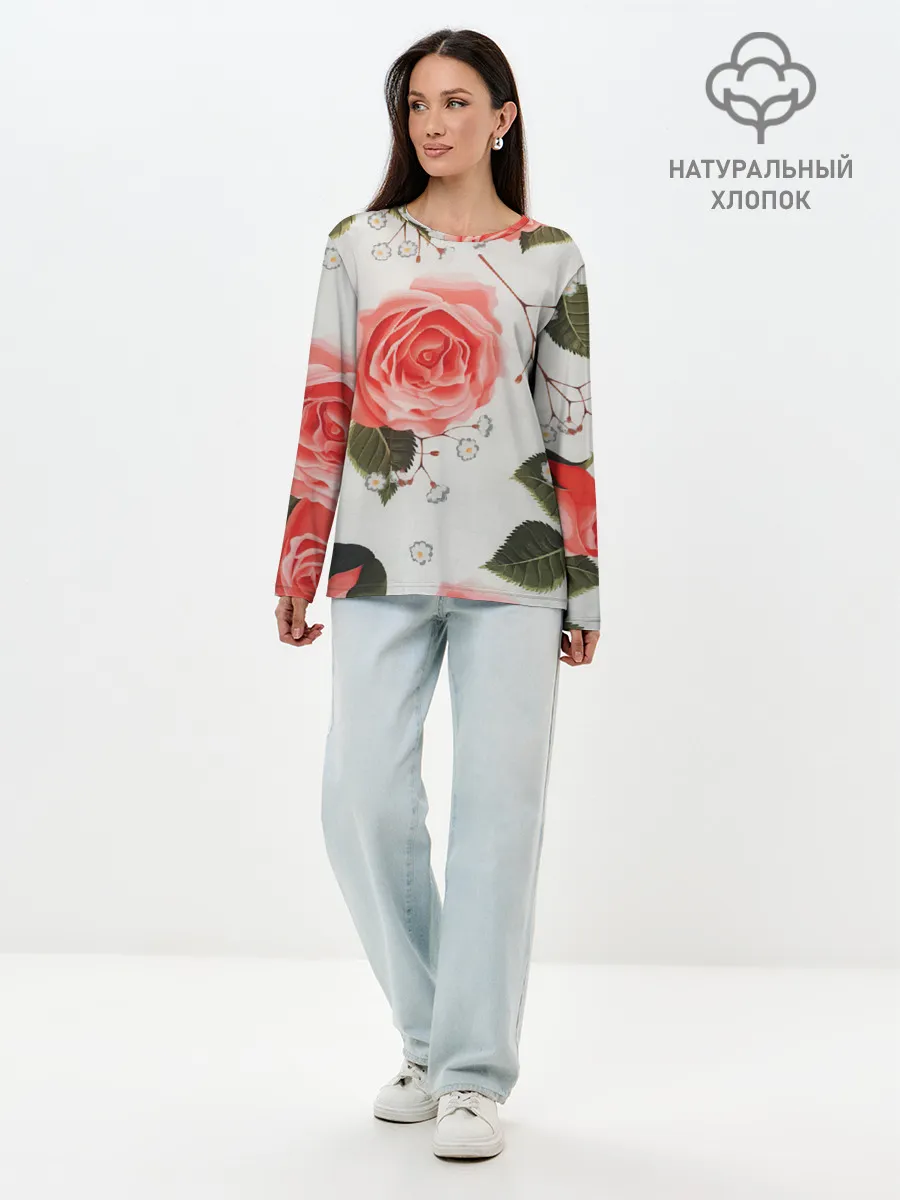Лонгслив женский. Хлопок / Нежные розы