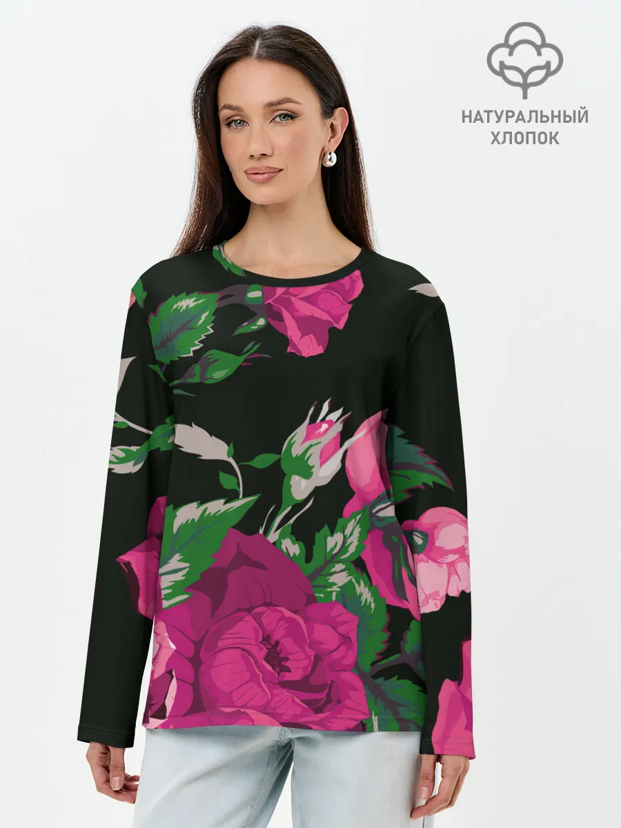 Лонгслив женский. Хлопок / Розы