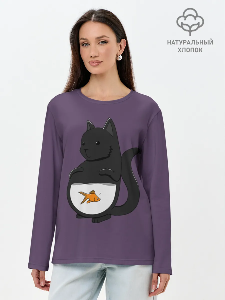 Лонгслив женский. Хлопок / Довольный кот