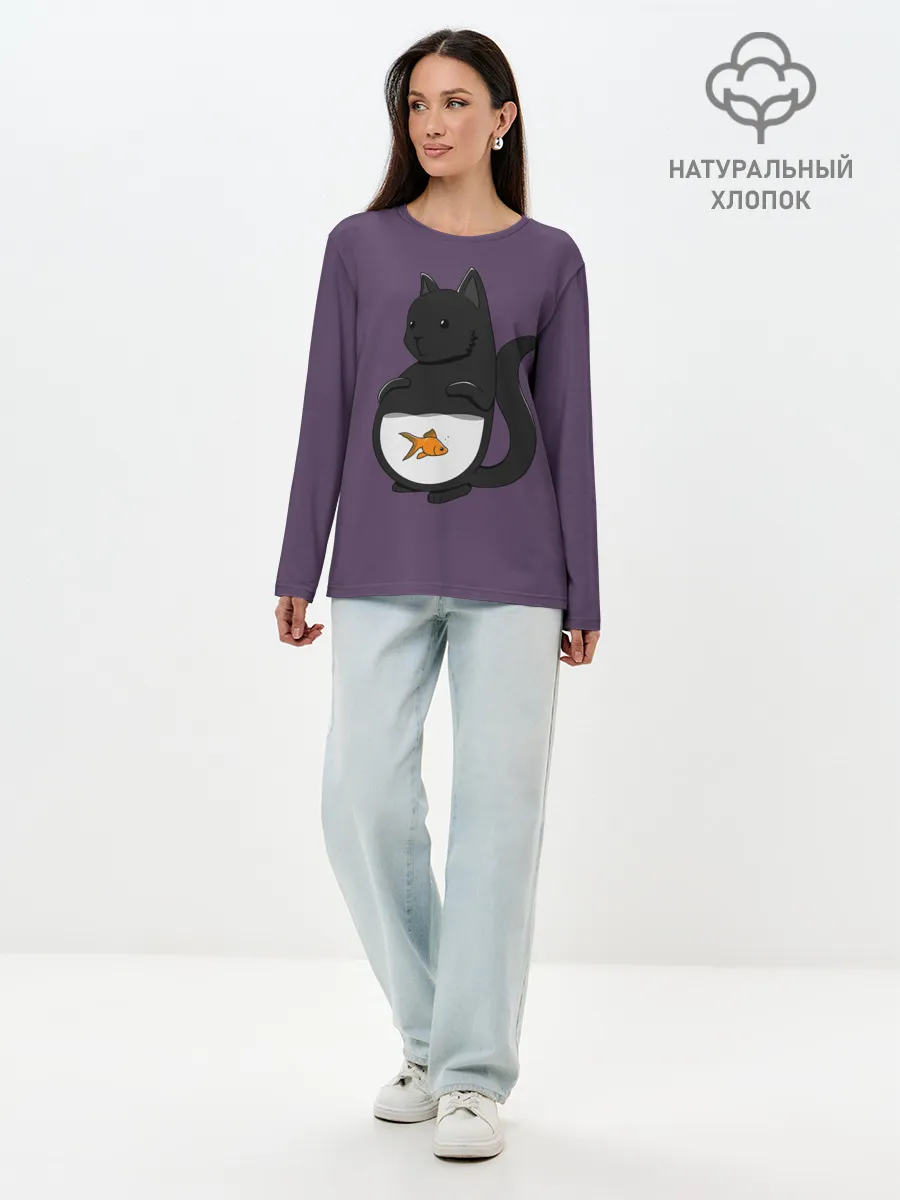 Лонгслив женский. Хлопок / Довольный кот