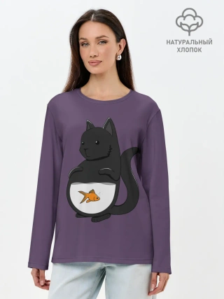Лонгслив женский. Хлопок / Довольный кот