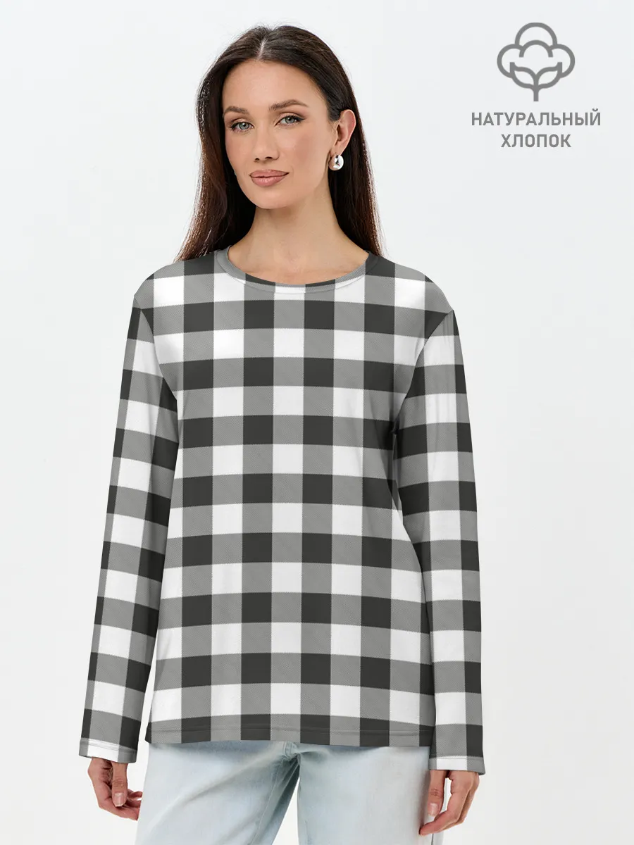 Лонгслив женский. Хлопок / Черно-белая клетка