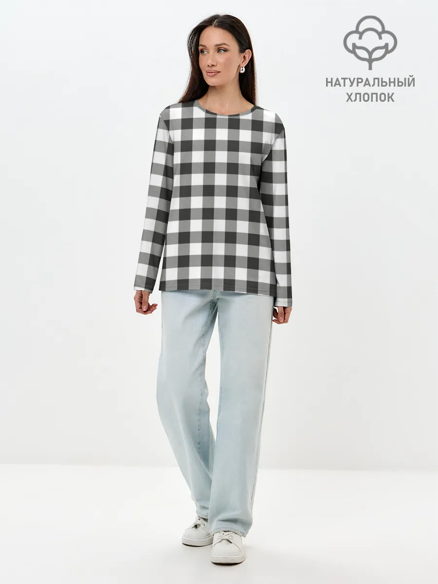 Лонгслив женский. Хлопок / Черно-белая клетка