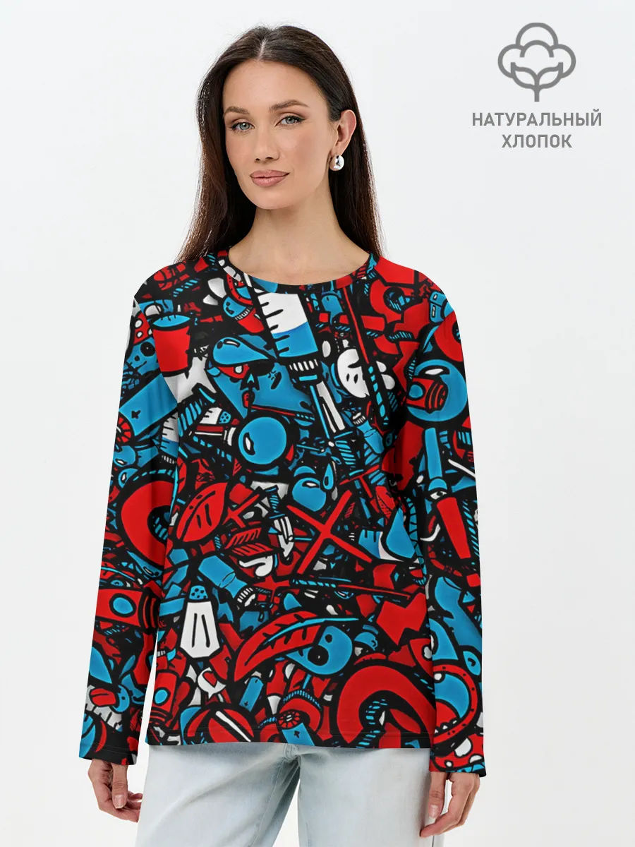 Лонгслив женский. Хлопок / Красно синие безумие