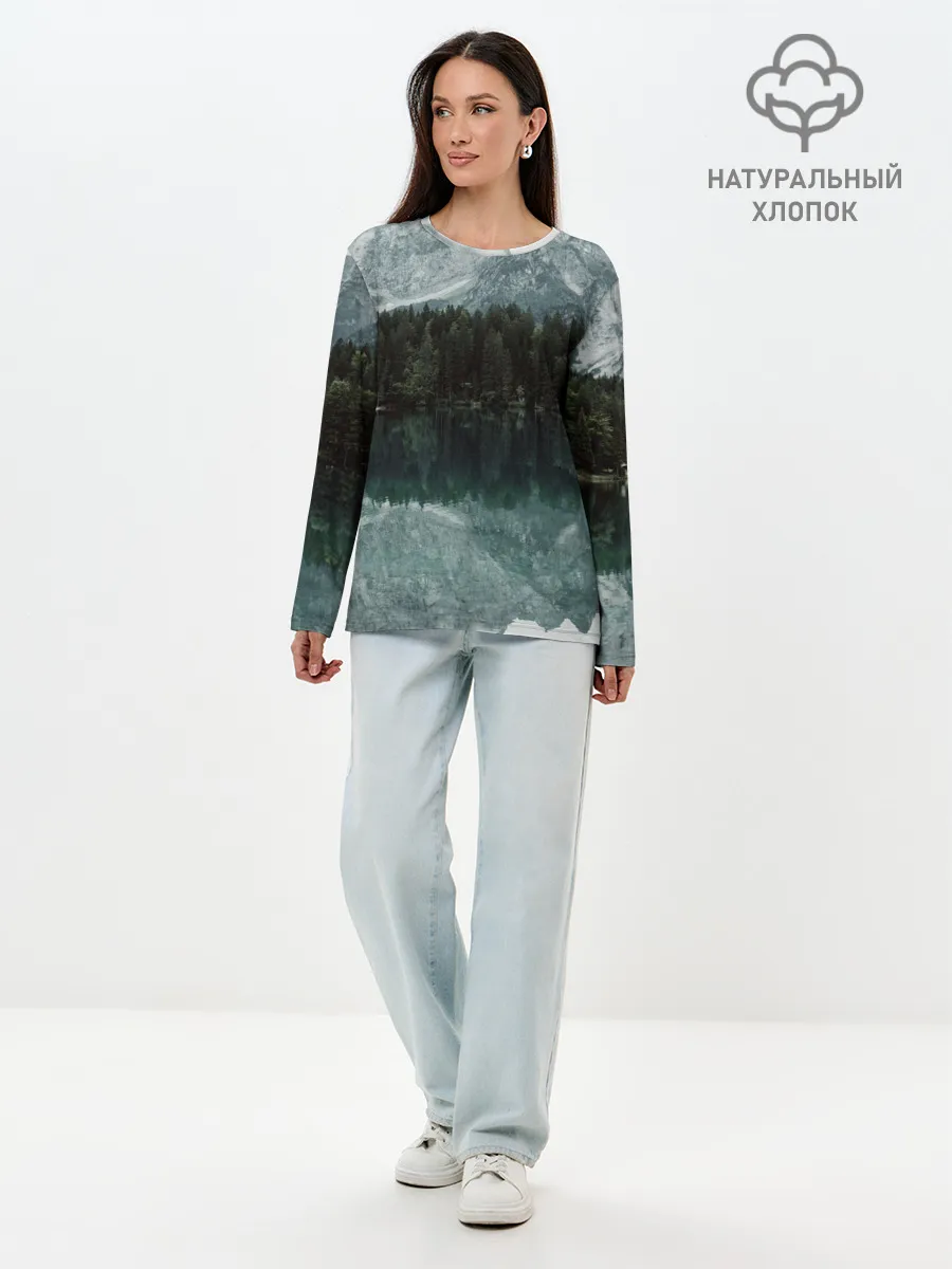 Лонгслив женский. Хлопок / отражение горы в озере