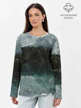 Лонгслив женский. Хлопок / отражение горы в озере