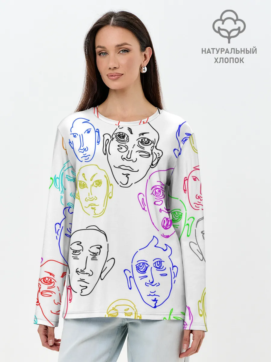 Лонгслив женский. Хлопок / Цветные лица
