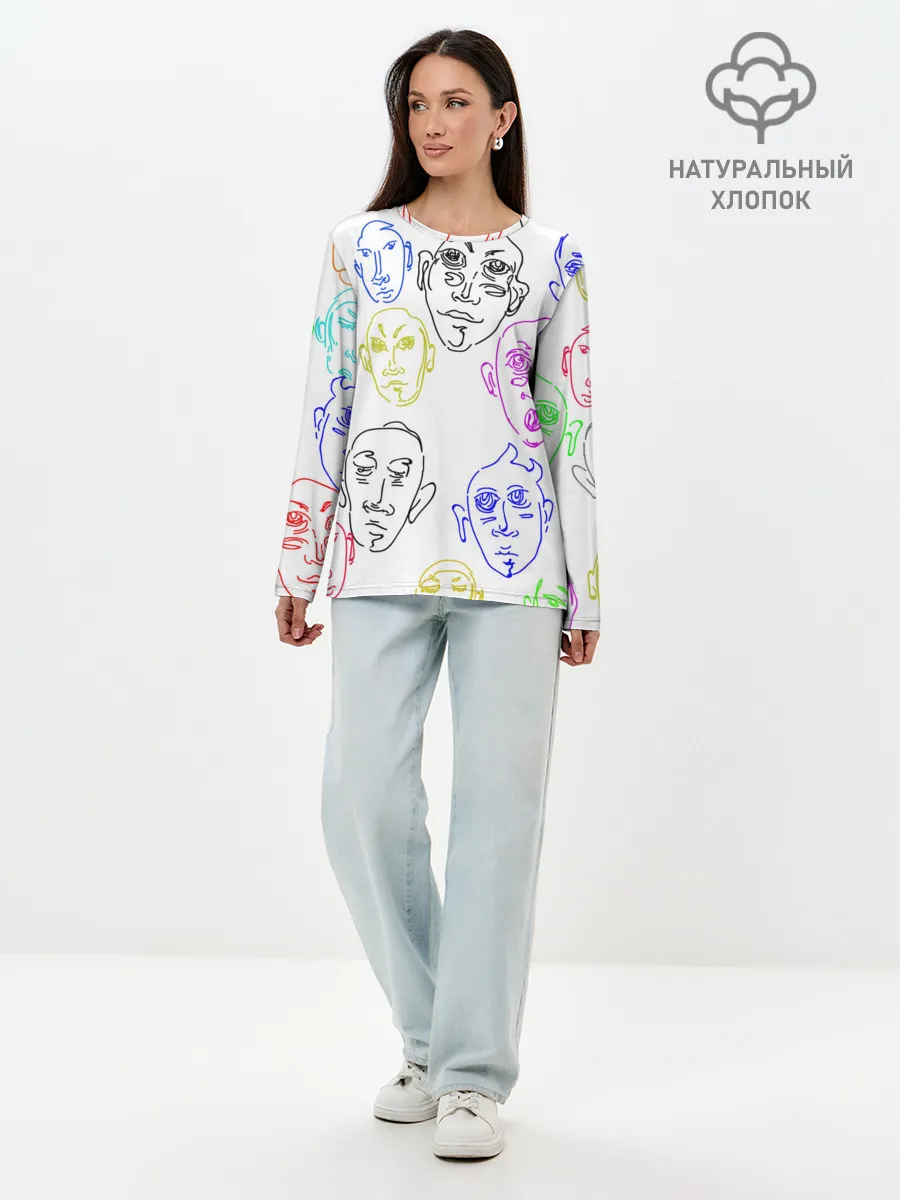 Лонгслив женский. Хлопок / Цветные лица