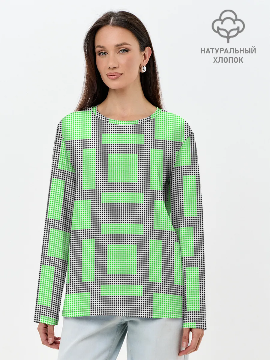 Лонгслив женский. Хлопок / Пиксели зеленые