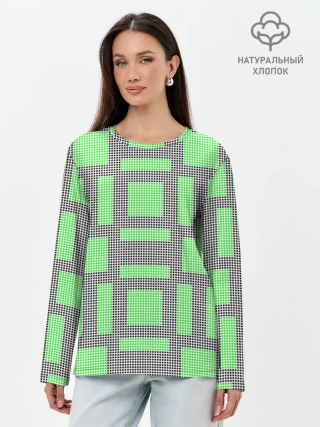 Лонгслив женский. Хлопок / Пиксели зеленые