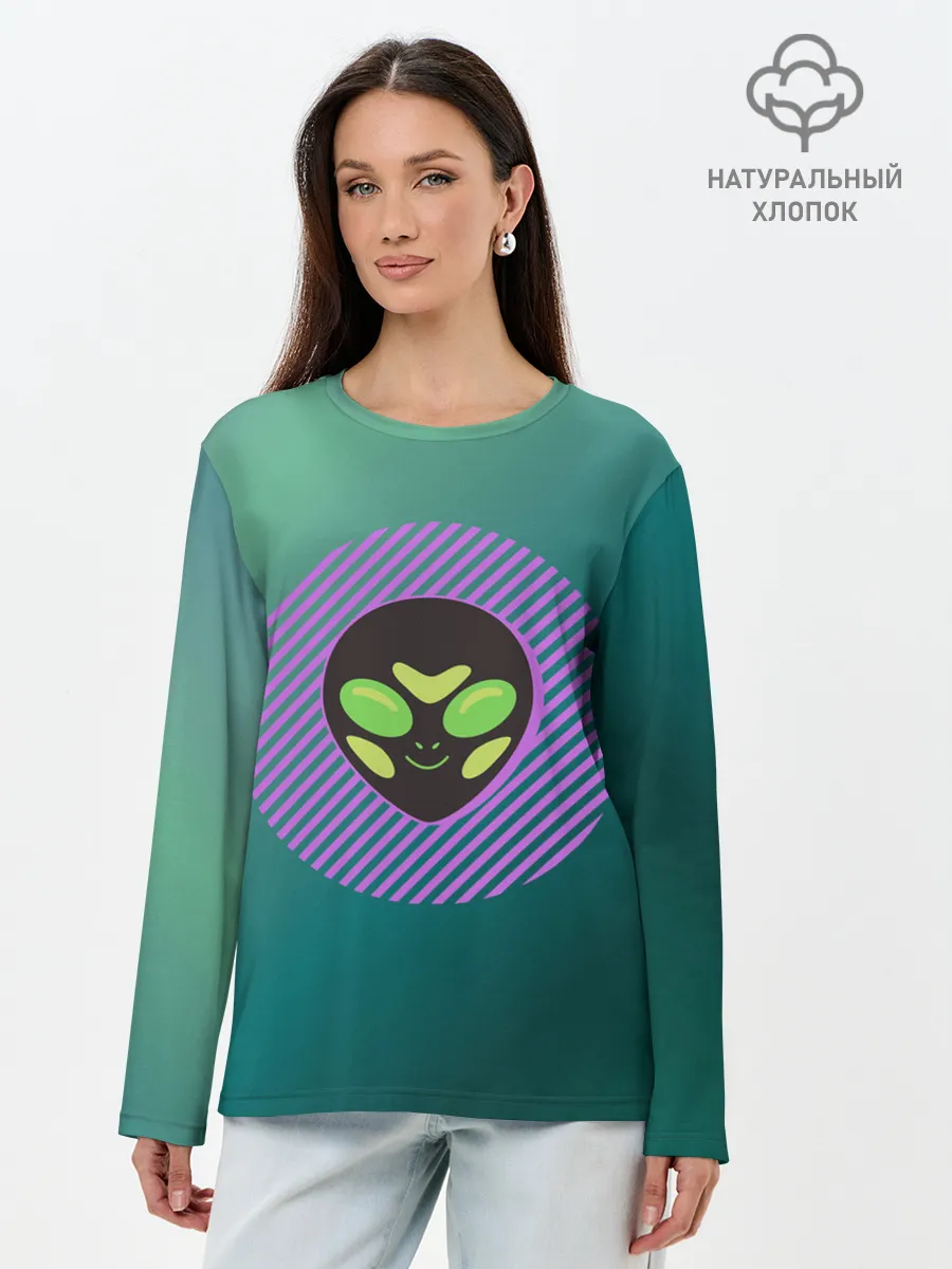 Лонгслив женский. Хлопок / Инопланетяша на зеленом фоне
