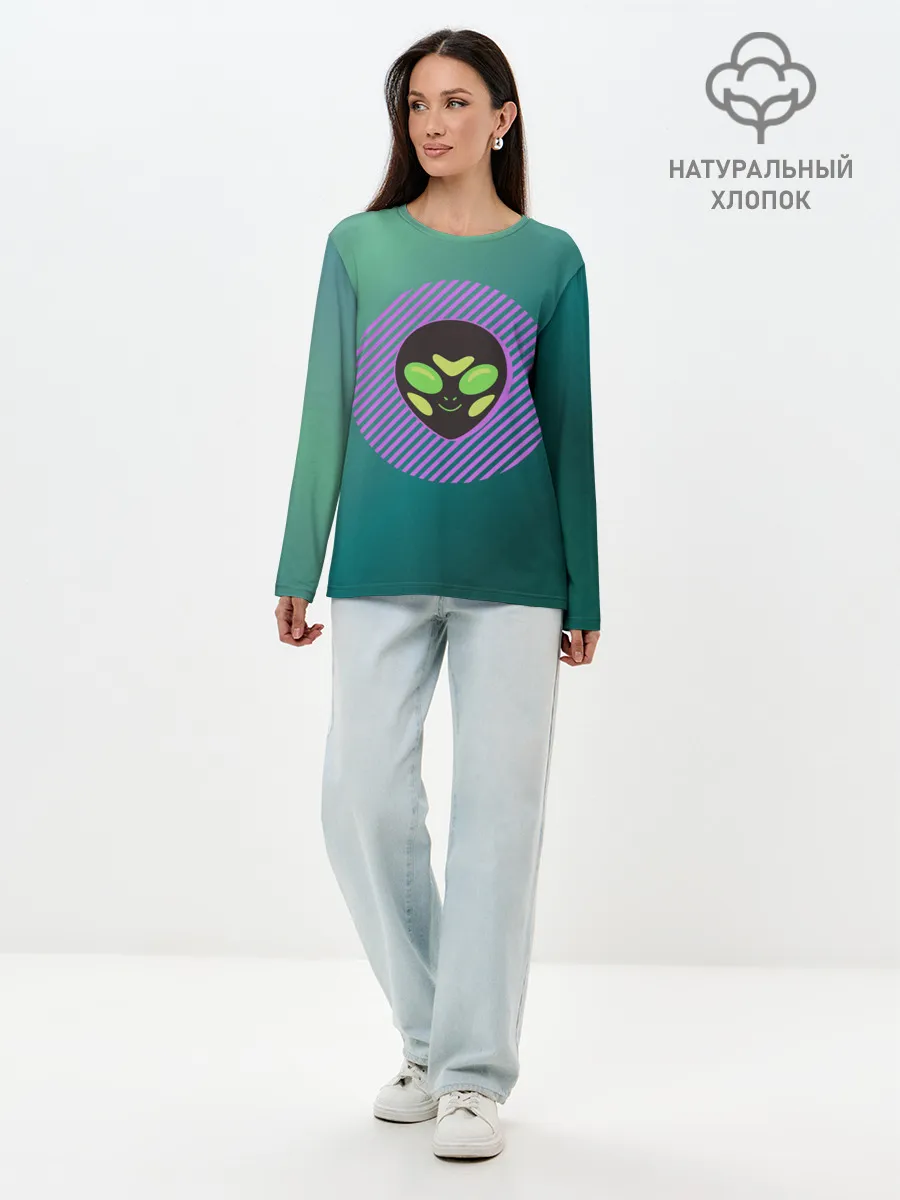 Лонгслив женский. Хлопок / Инопланетяша на зеленом фоне