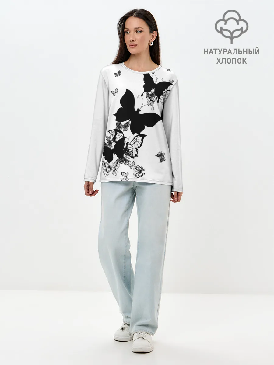 Лонгслив женский. Хлопок / Черные бабочки на белом