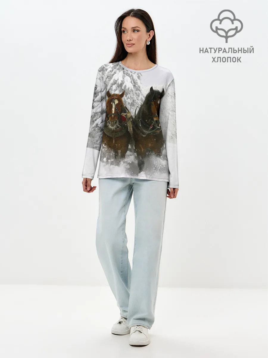 Лонгслив женский. Хлопок / Лошади и снег