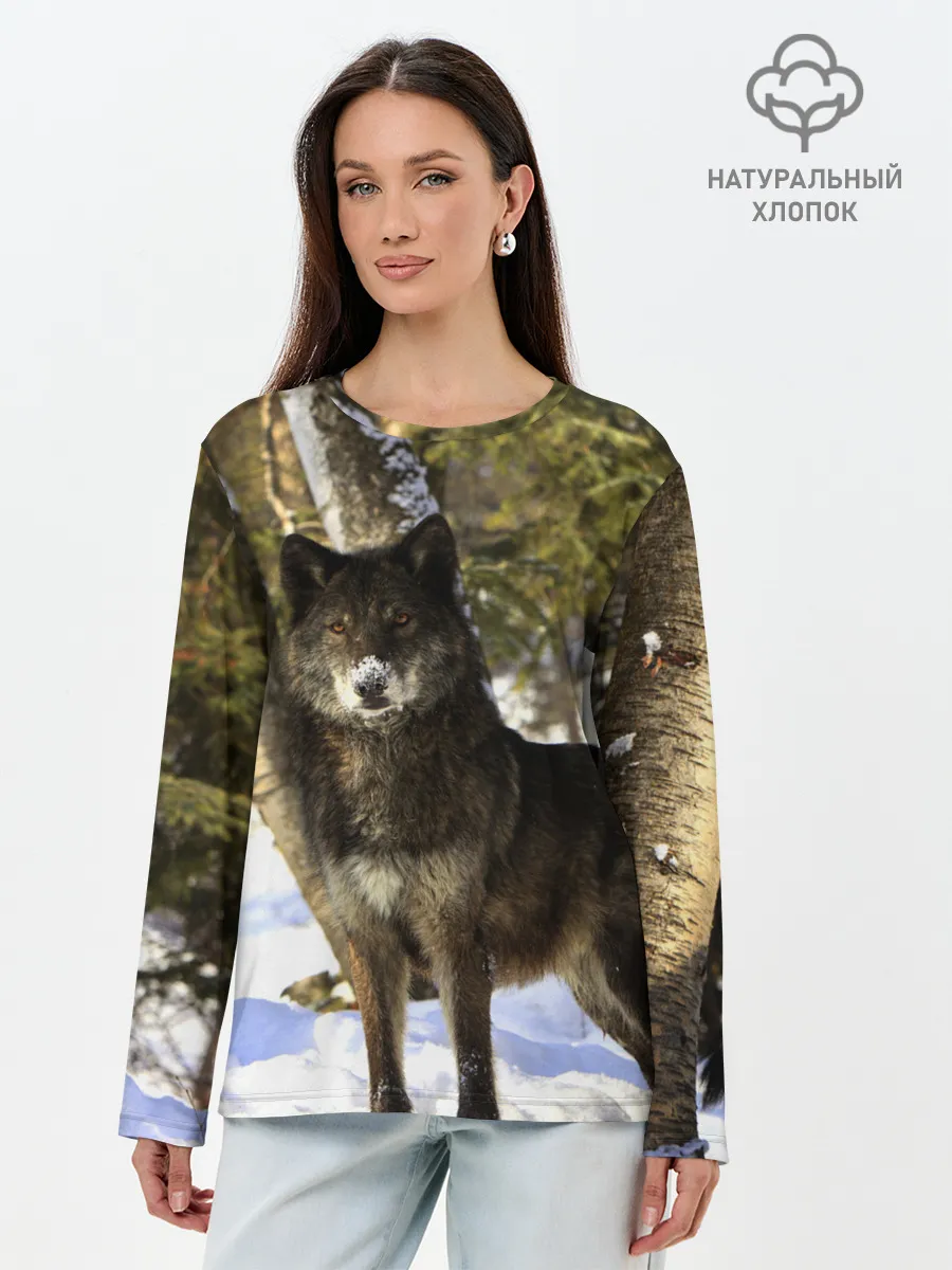Лонгслив женский. Хлопок / Волк и снег