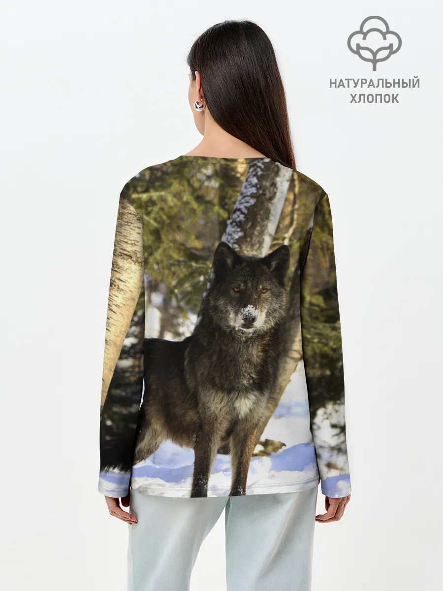Лонгслив женский. Хлопок / Волк и снег