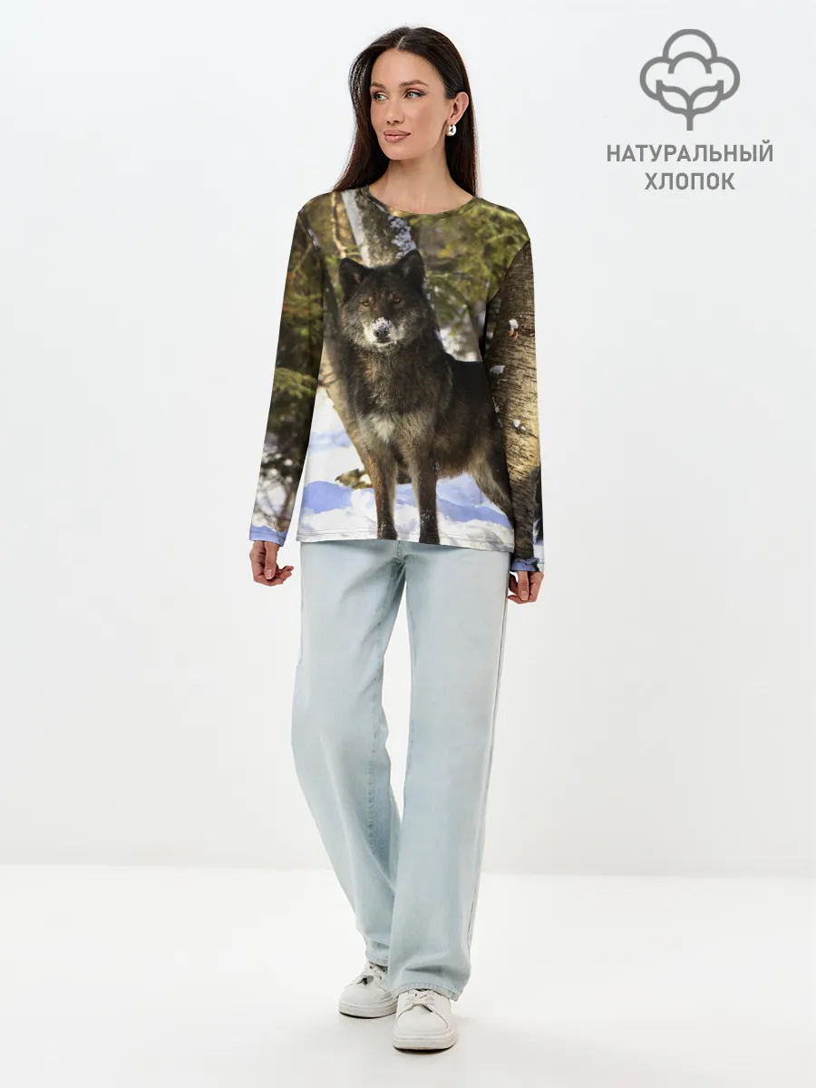 Лонгслив женский. Хлопок / Волк и снег