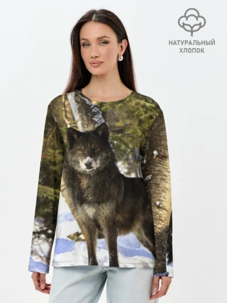 Лонгслив женский. Хлопок / Волк и снег