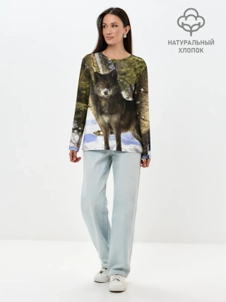 Лонгслив женский. Хлопок / Волк и снег
