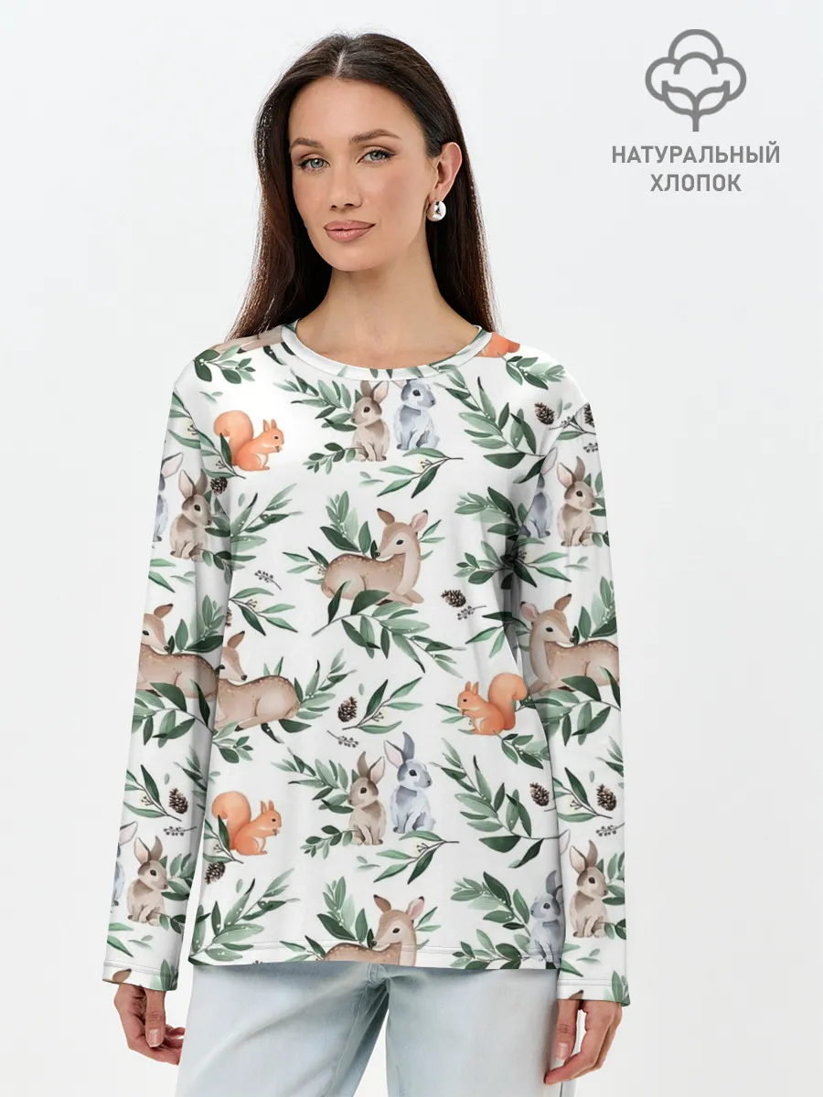 Лонгслив женский. Хлопок / Лесные животные