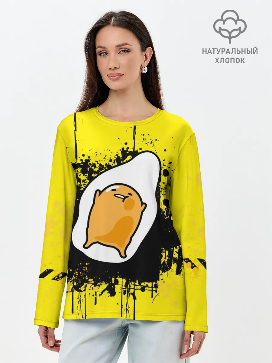Лонгслив женский. Хлопок / веселое яйцо на черном фоне