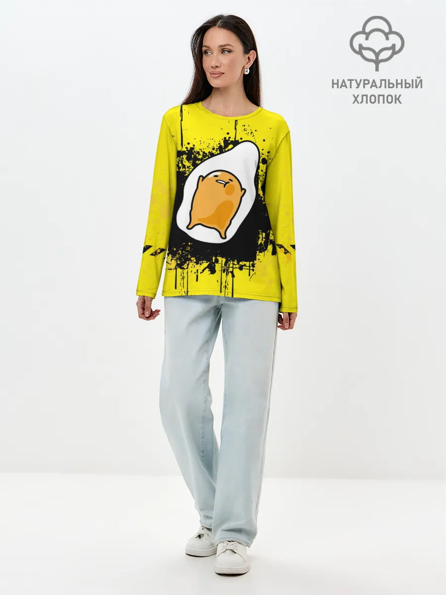 Лонгслив женский. Хлопок / веселое яйцо на черном фоне