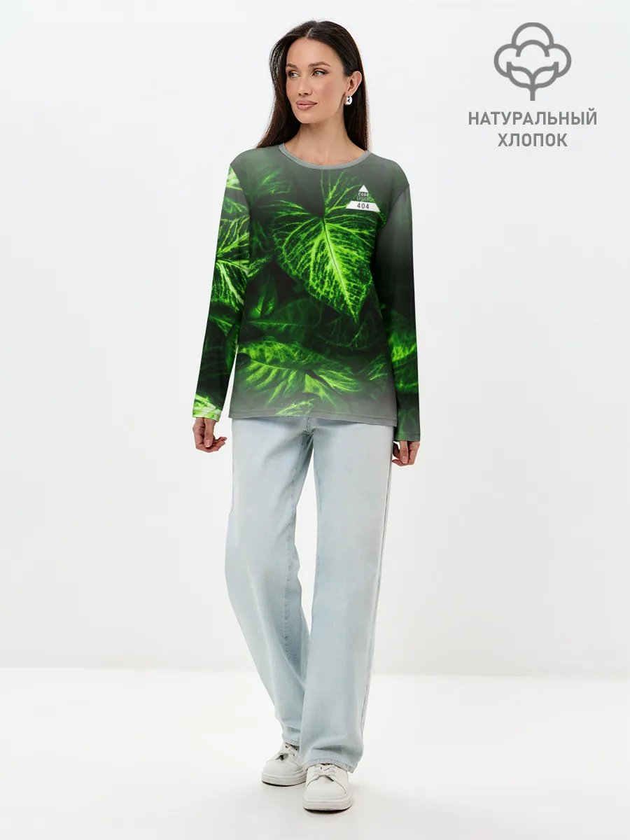 Лонгслив женский. Хлопок / Листья зеленые CODE ERROR 404