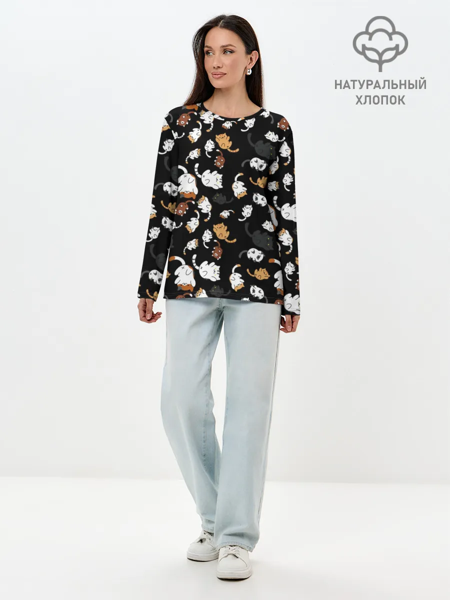 Лонгслив женский. Хлопок / Котята паттерн