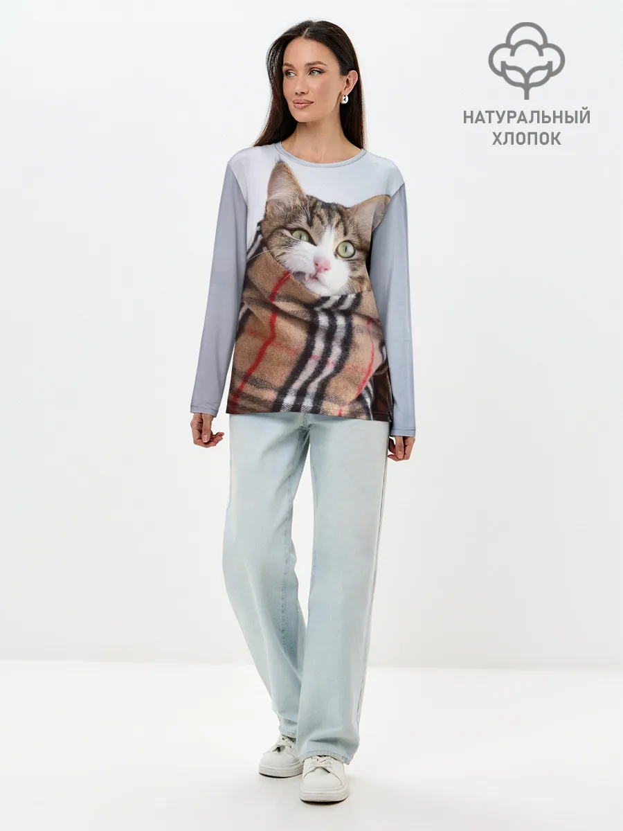 Лонгслив женский. Хлопок / Кот в шарфе