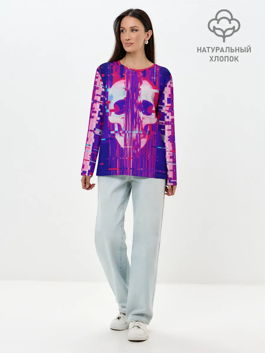 Лонгслив женский. Хлопок / Skull glitch
