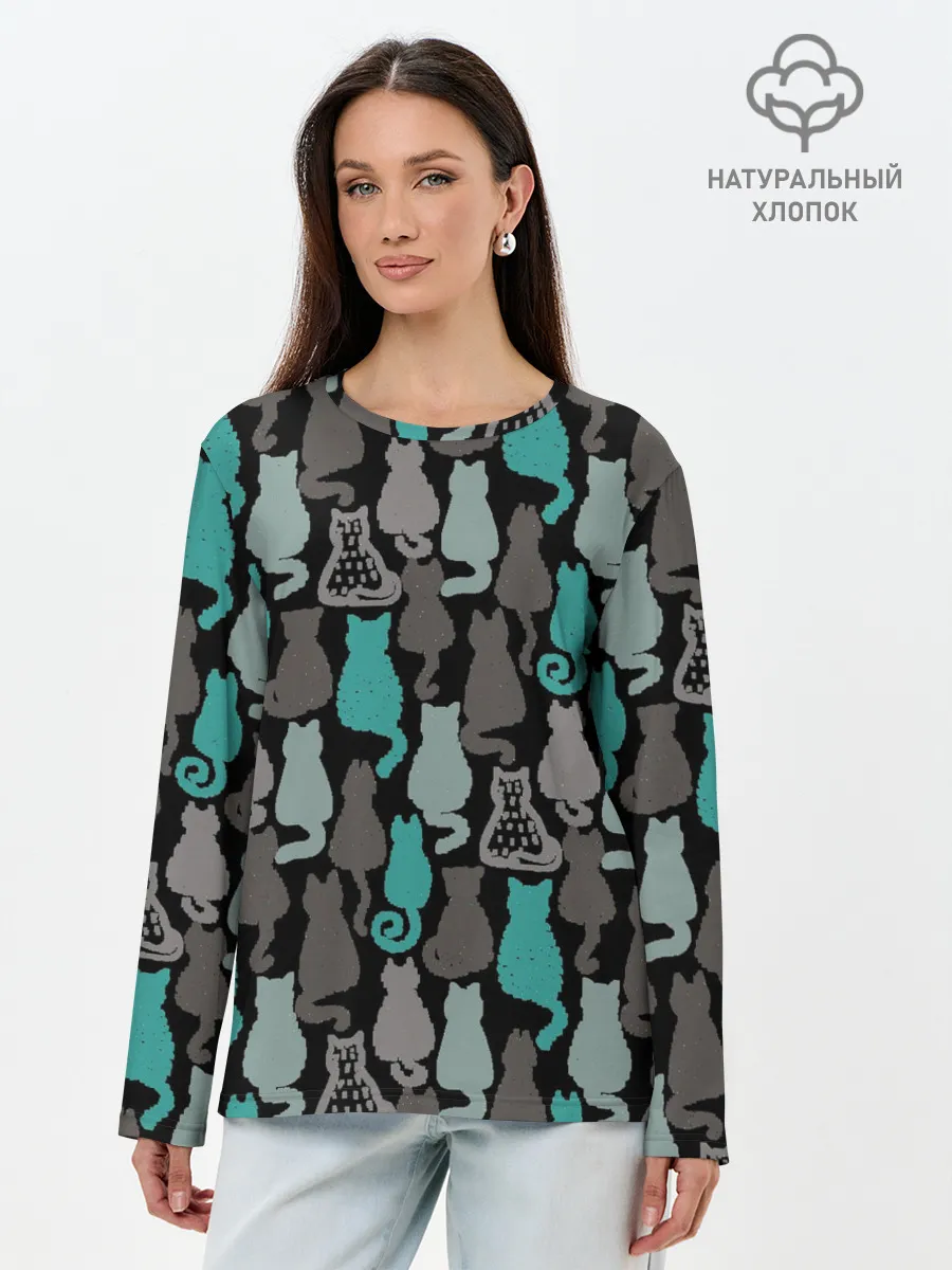 Лонгслив женский. Хлопок / Коты паттерн